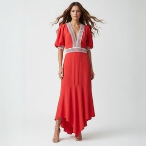 Belle Badgley Mischka A-Line Puff Sleeve Red Maxi Dress - Cottagecore Boho - 4